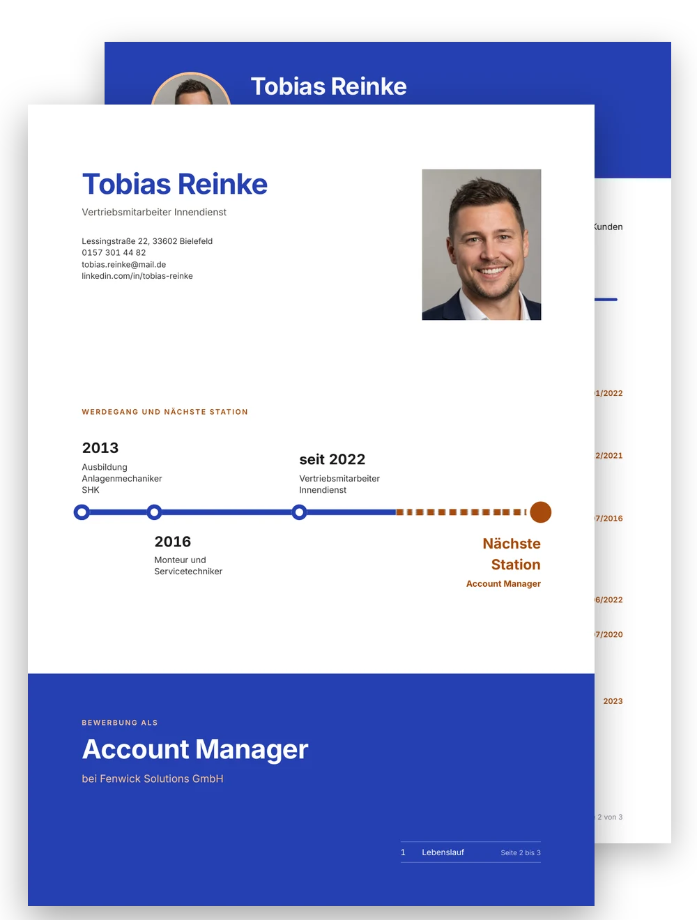 Deckblatt im Design Wendepunkt mit Zeitstrahl bis zur Wunschstelle, dahinter die erste Lebenslaufseite