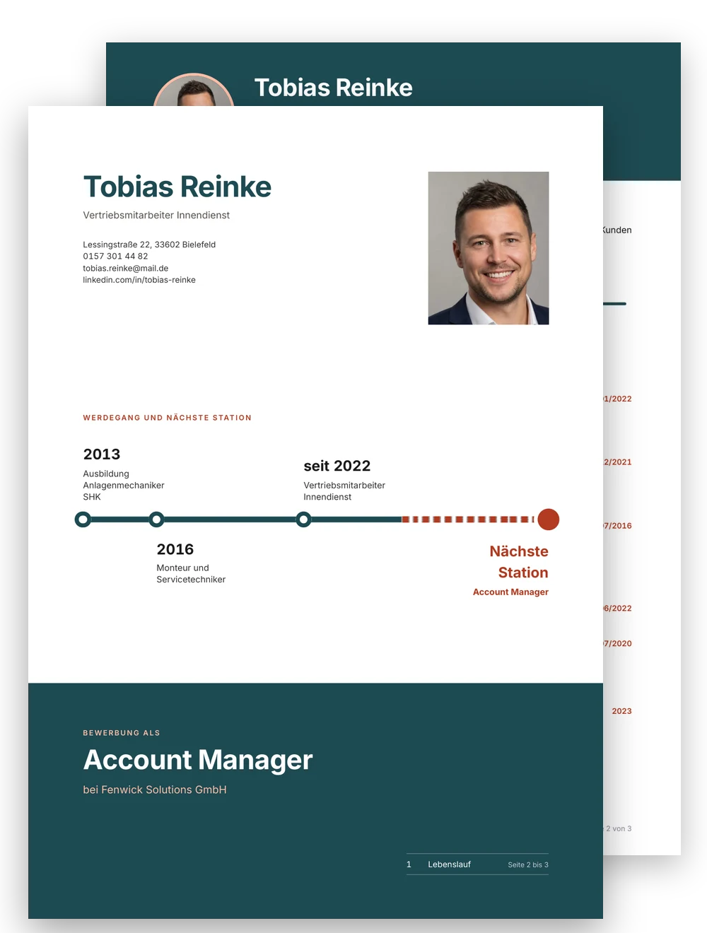 Deckblatt im Design Wendepunkt mit Zeitstrahl bis zur Wunschstelle, dahinter die erste Lebenslaufseite